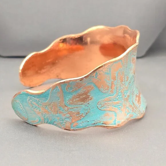 Solid Copper Starfish Cuff Bracelet 7" Turquoise Details Scalloped Edge Signed - Picture 3 of 7